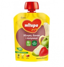 Пюре Milupa фруктовое Яблоко, банан и клубника от 6 мес. 80г (пауч)