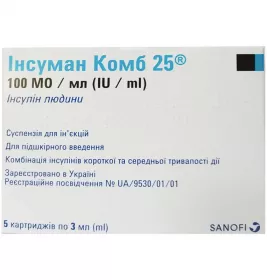 Инсуман Комб 25 суспензия для инъекций 100 МЕ/мл картридж по 3 мл 5 шт.