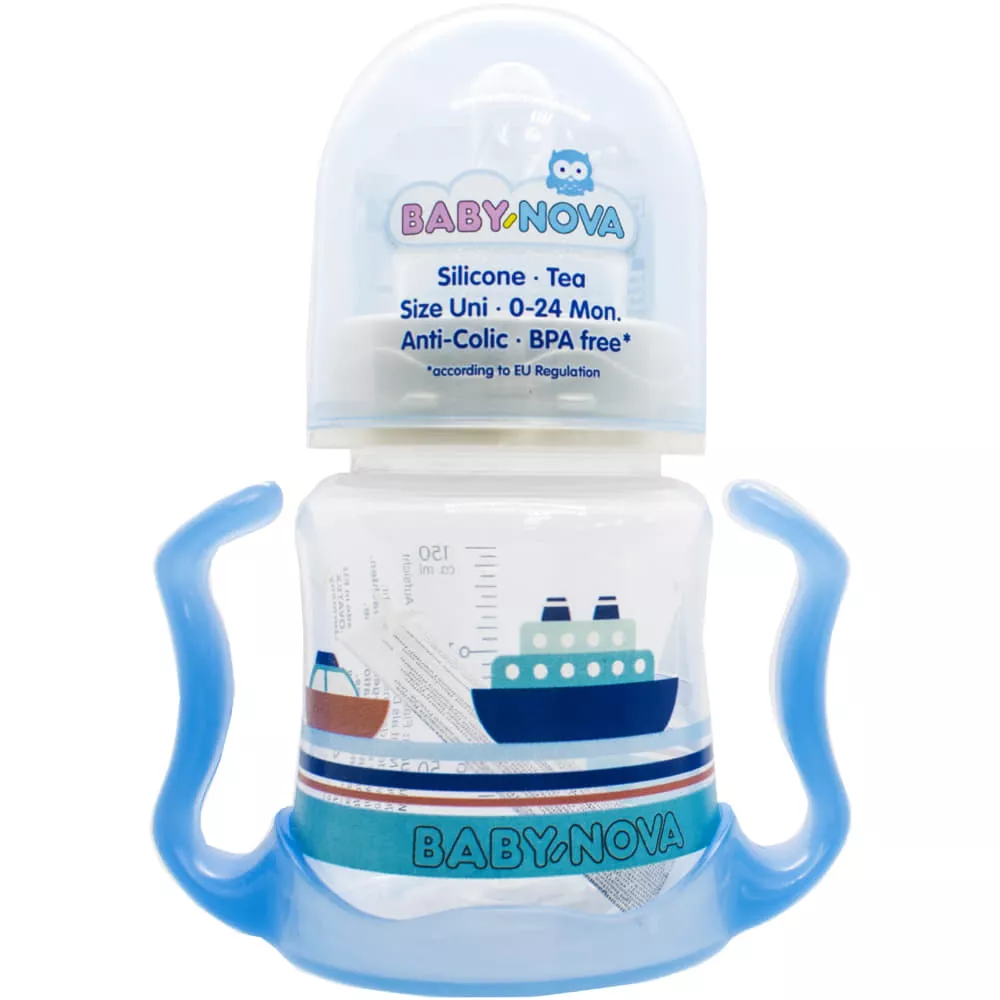 *Бутылочка Baby-nova 3960175 пласт.ПП шир.горл.Декор 150мл с ручкой