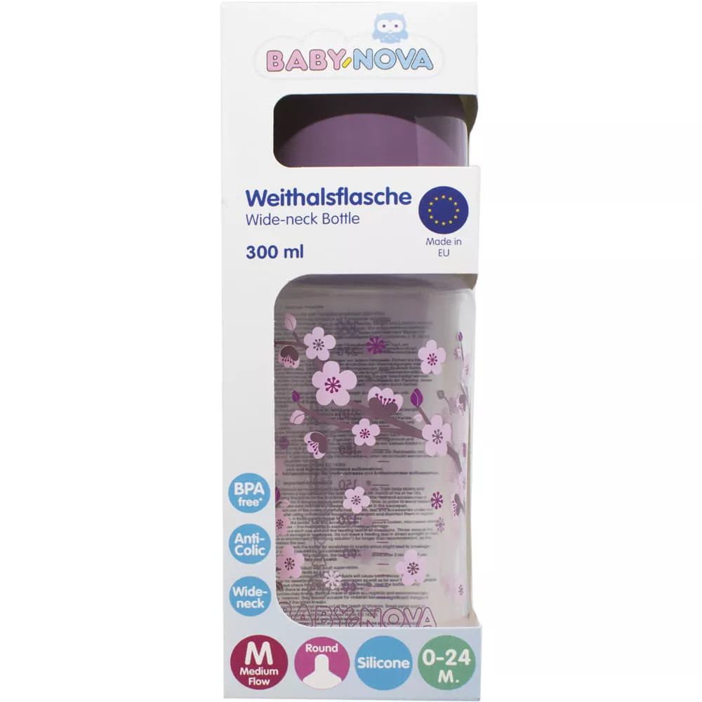 *Бутылочка Baby-nova 48002-1 пласт.ПП шир.горл.Декор сиреневая 300мл