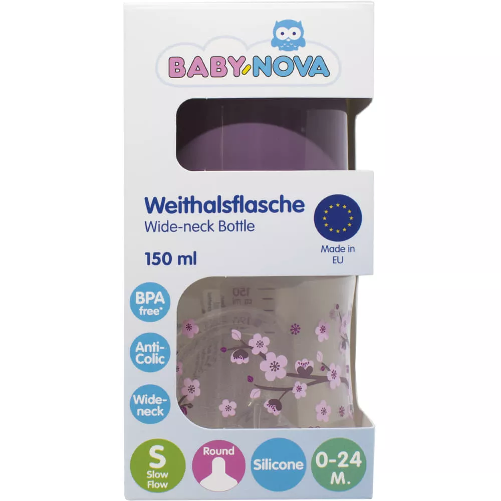*Бутылочка Baby-nova 45001-1 пласт.ПП шир.горл.Декор сиреневая 150мл