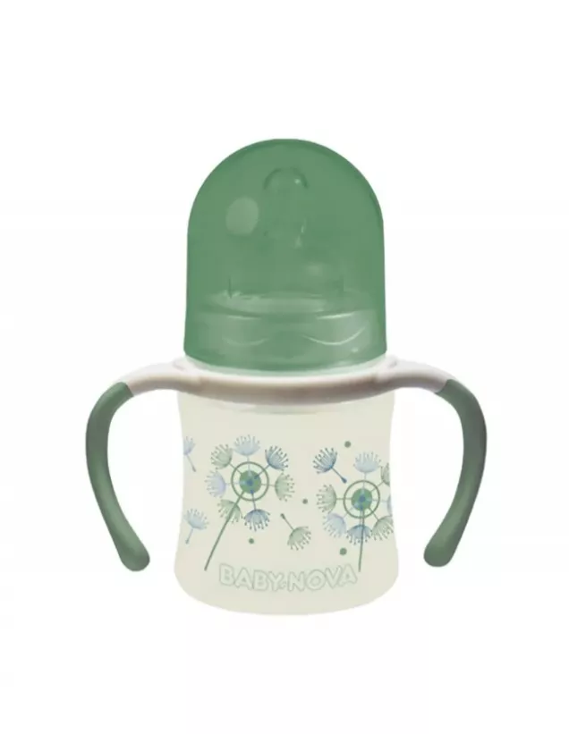 *Бутылочка Baby-nova 45003 пласт. широкое горлышко Декор с ручкой 150мл