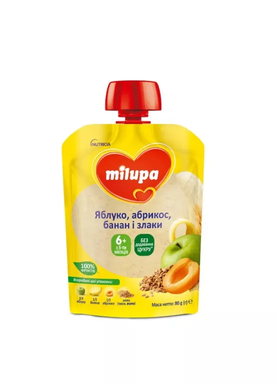 *Пюре Milupa фруктовое Яблоко, абрикос, банан и злаки 80г (пауч)