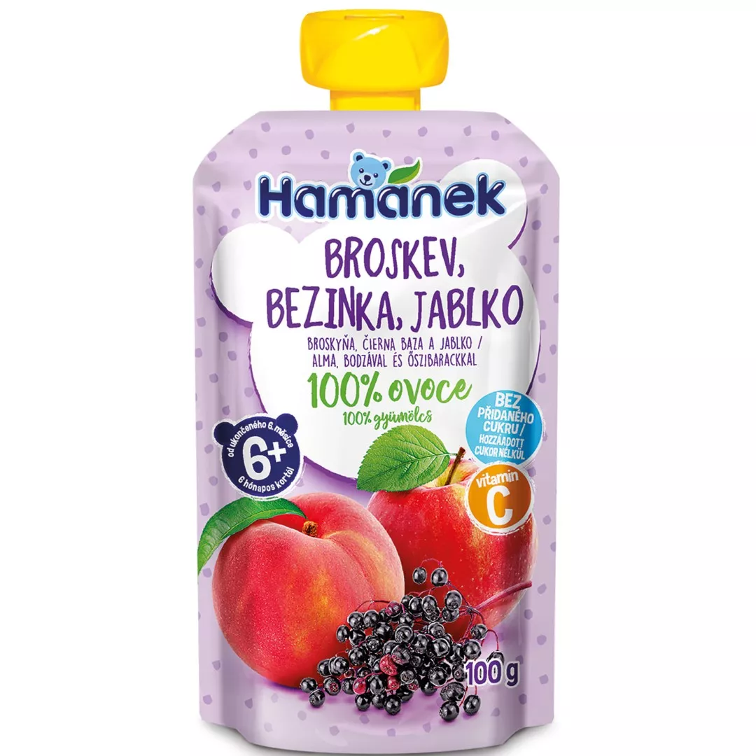 Пюре Hamanek яблоко с персиком и бузиной 100г пауч