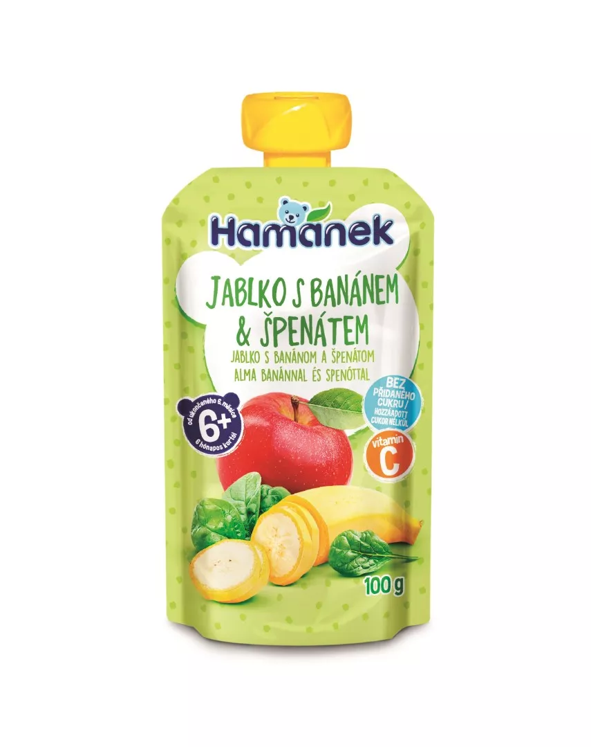 *Пюре Hamanek яблоко с бананами и шпинатом (пауч) 100г