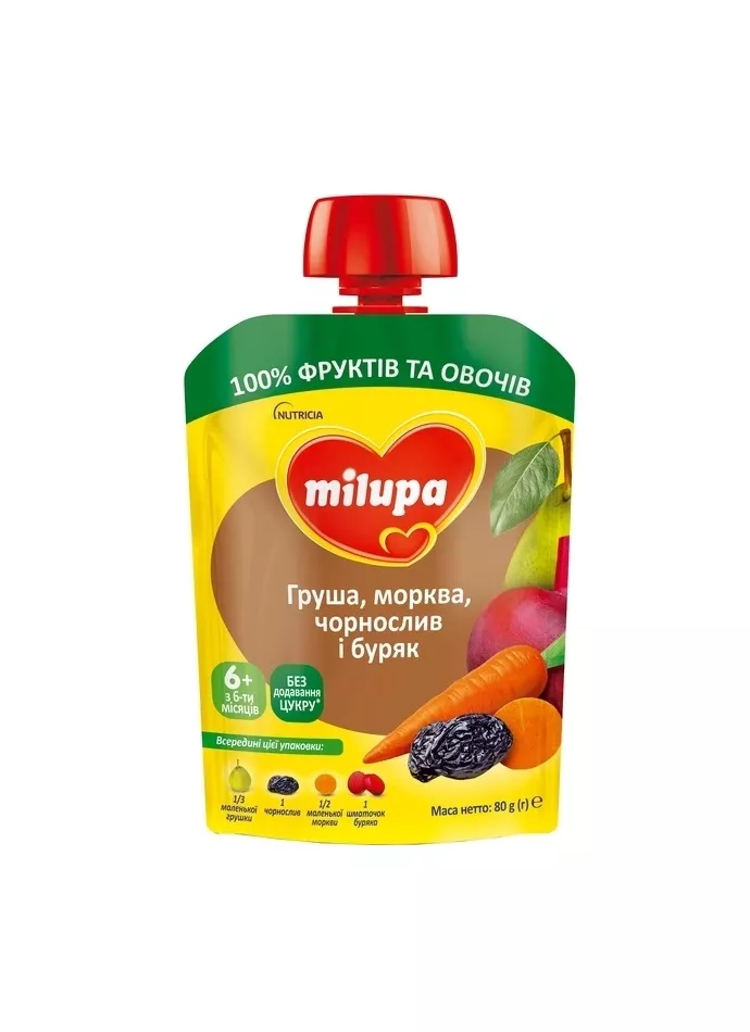 *Пюре Milupa фруктовое Груша,морковь,чернослив, буряк  с 6 мес 80г (пауч)