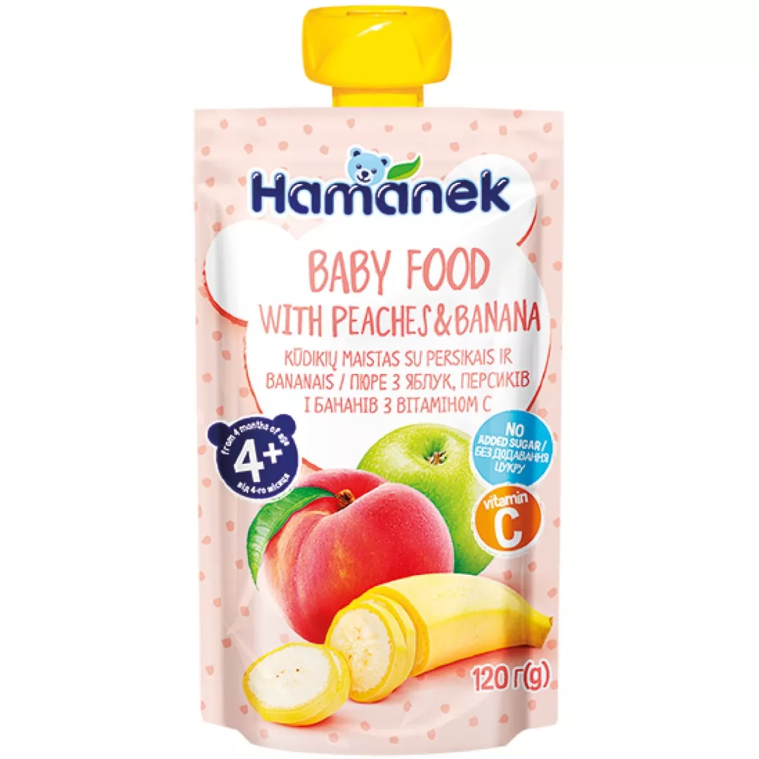 Пюре Hamanek яблоко с персиком и бананом 120 г (пауч)