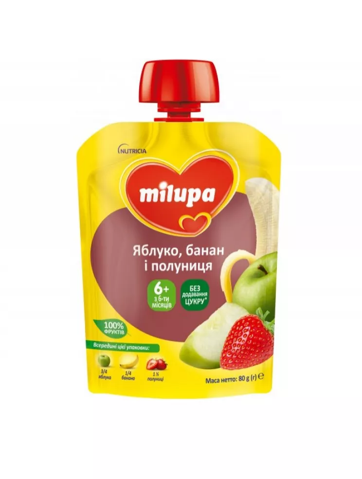 Пюре Milupa фруктовое Яблоко, банан и клубника от 6 мес. 80г (пауч)