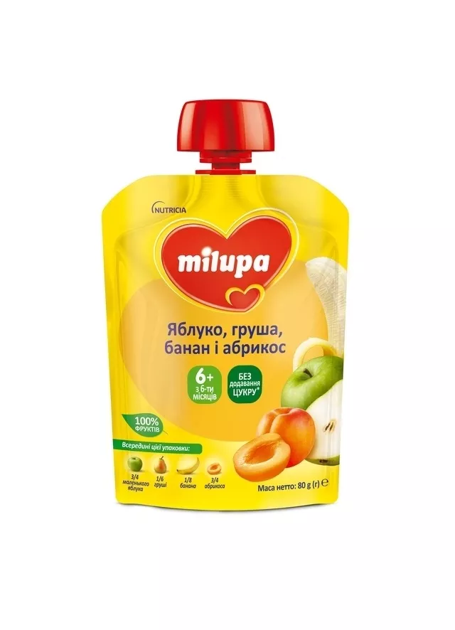 Пюре Milupa фруктовое Яблоко, груша, банан и абрикос от 6 мес. 80г (пауч)