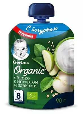 *Пюре Gerber Organic Яблоко, йогурт и злаки 90 г (пауч)