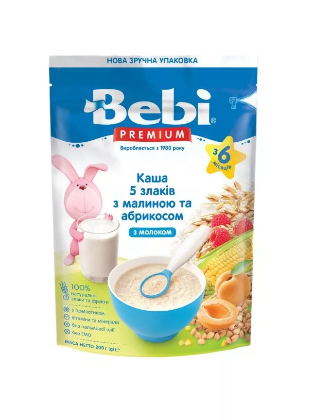*Каша Bebi Премиум молочная 5 злаков с малиной и абрикосом с 6 мес.200г
