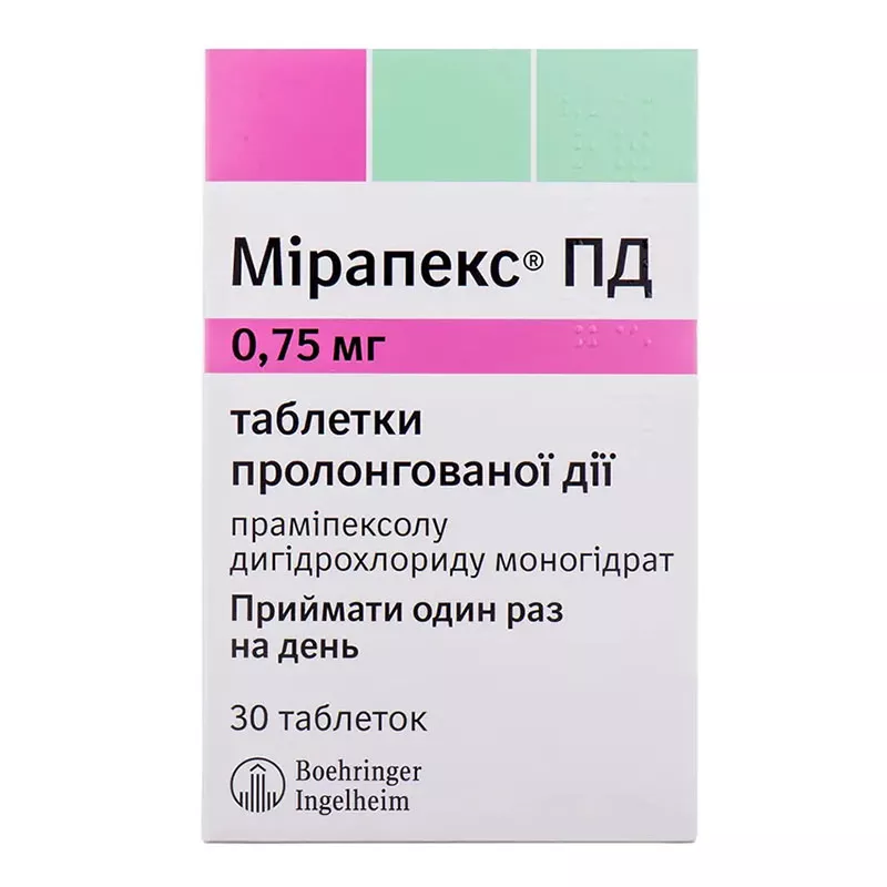 Мирапекс ПД таблетки по 0.75 мг 30 шт. (10х3)