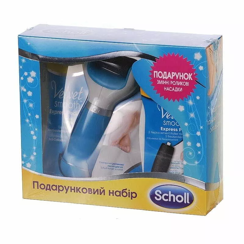 *Набор Scholl Velvet голубой Электрическая роликовая терка для ног+роликовые насадки