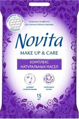 *NOVITA салфетки влажные для снятия макияжа Make up Delicate с маслами 15шт