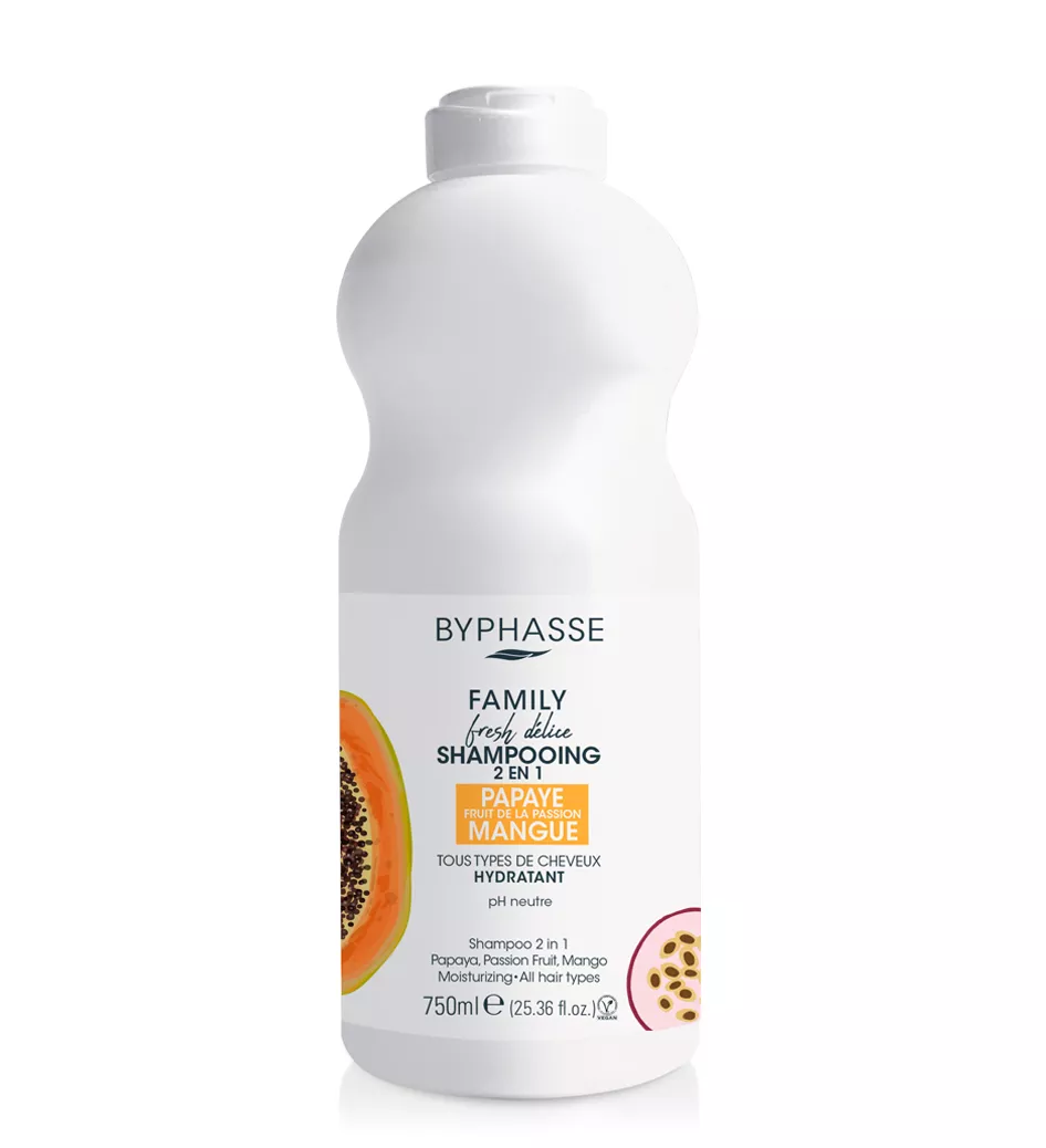 Шампунь Byphasse Family FRESH DELICE для всех типов волос папая, маракуя, манго 2в1 750 мл