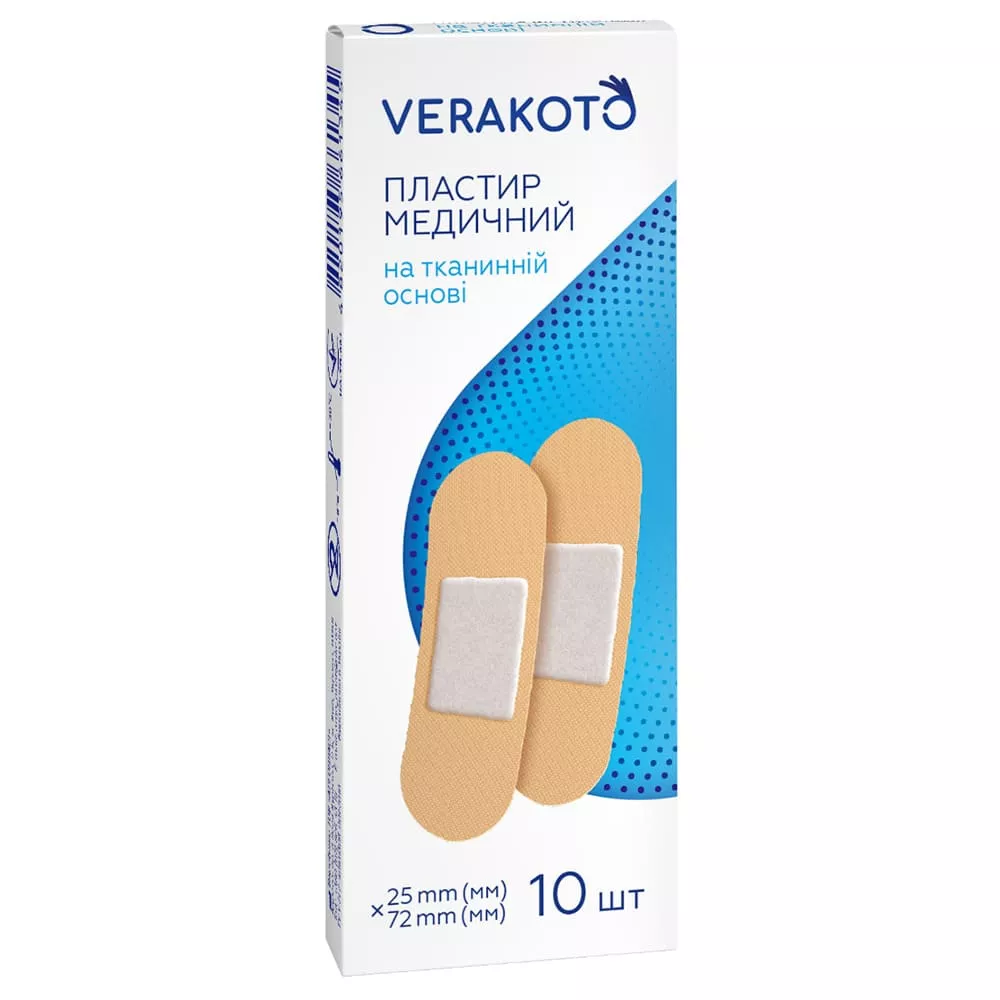 Лейкопластырь VERAKOTO мед. бактер. ткан. осн. 25мм*72мм №10