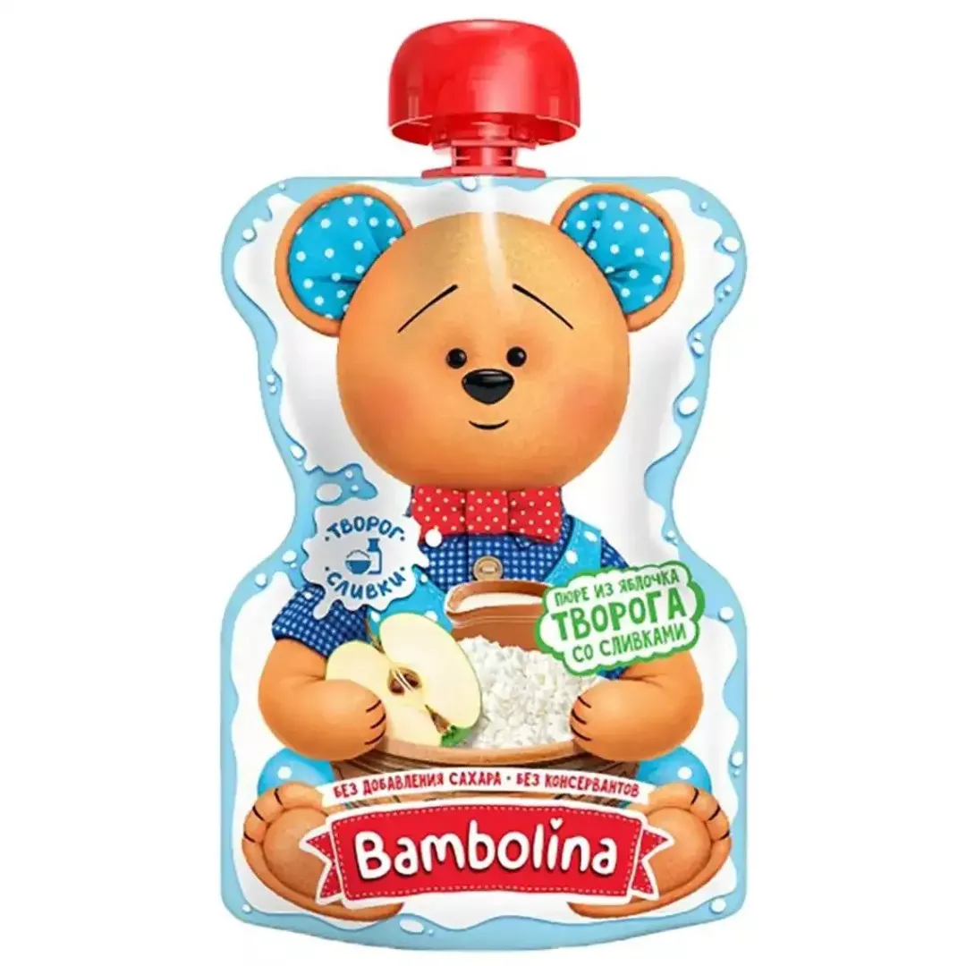 *Пюре Bambolina Яблоко-творог-сливки 90г (пауч)