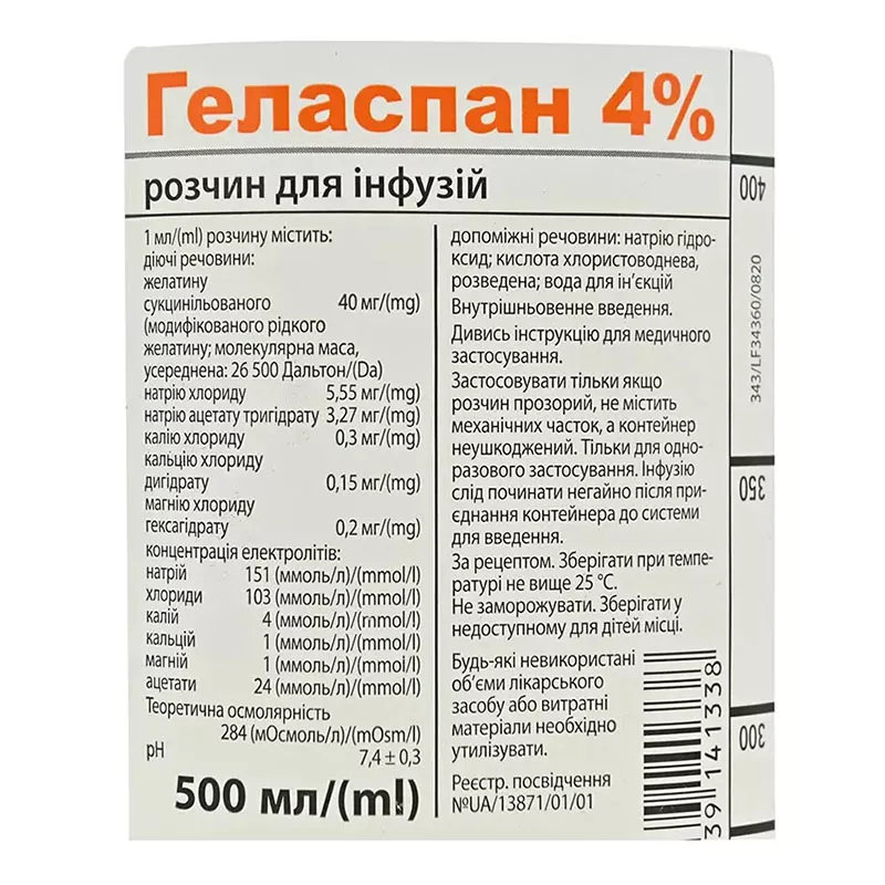Геласпан раствор для инфузий 4% по 500 мл во флаконе 10 шт.
