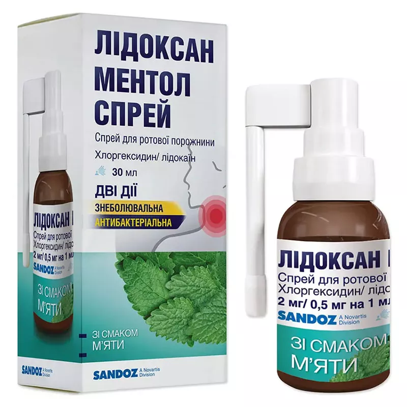 Лидоксан ментол спрей 2 мг/0,5 мг/1 мл по 30 мл во флаконе 1 шт.