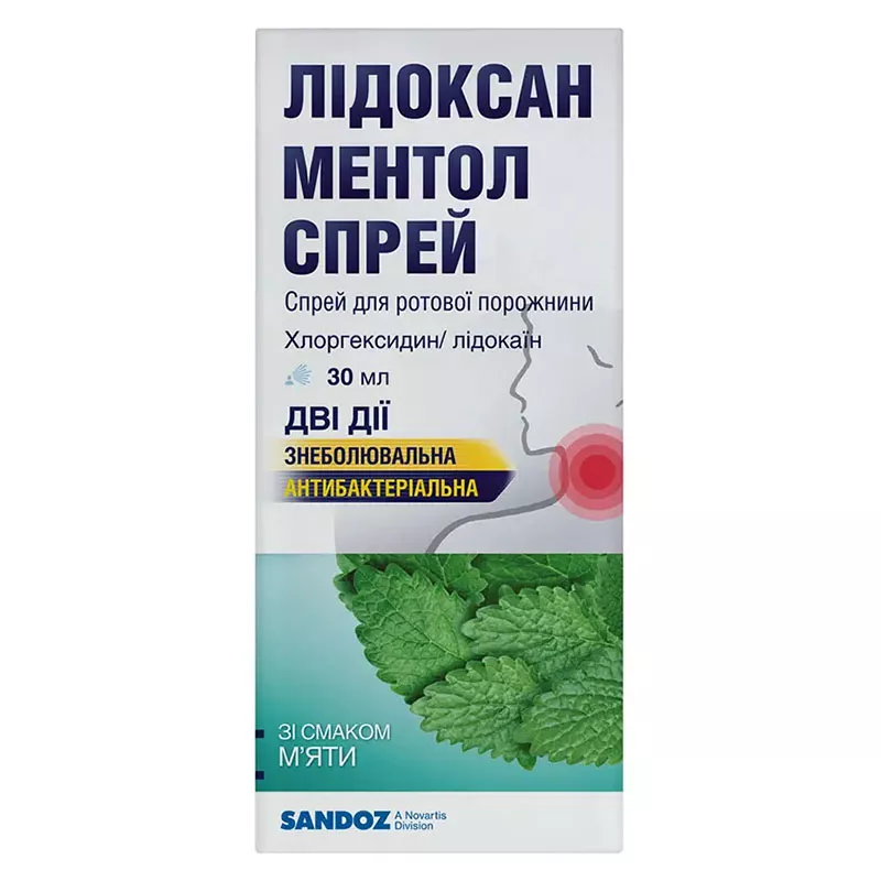 Лидоксан ментол спрей 2 мг/0,5 мг/1 мл по 30 мл во флаконе 1 шт.