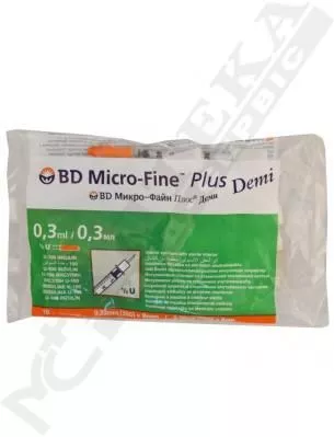 Шприц инсулиновый Micro-Fine Demi U-100 с иглой 30G (0.3x8мм) 0.3мл №1 BD