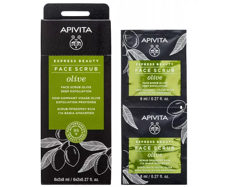 Скраб Apivita EXPRESS BEAUTY глубокое отшелушивание кожи лица с оливой 2*8 мл