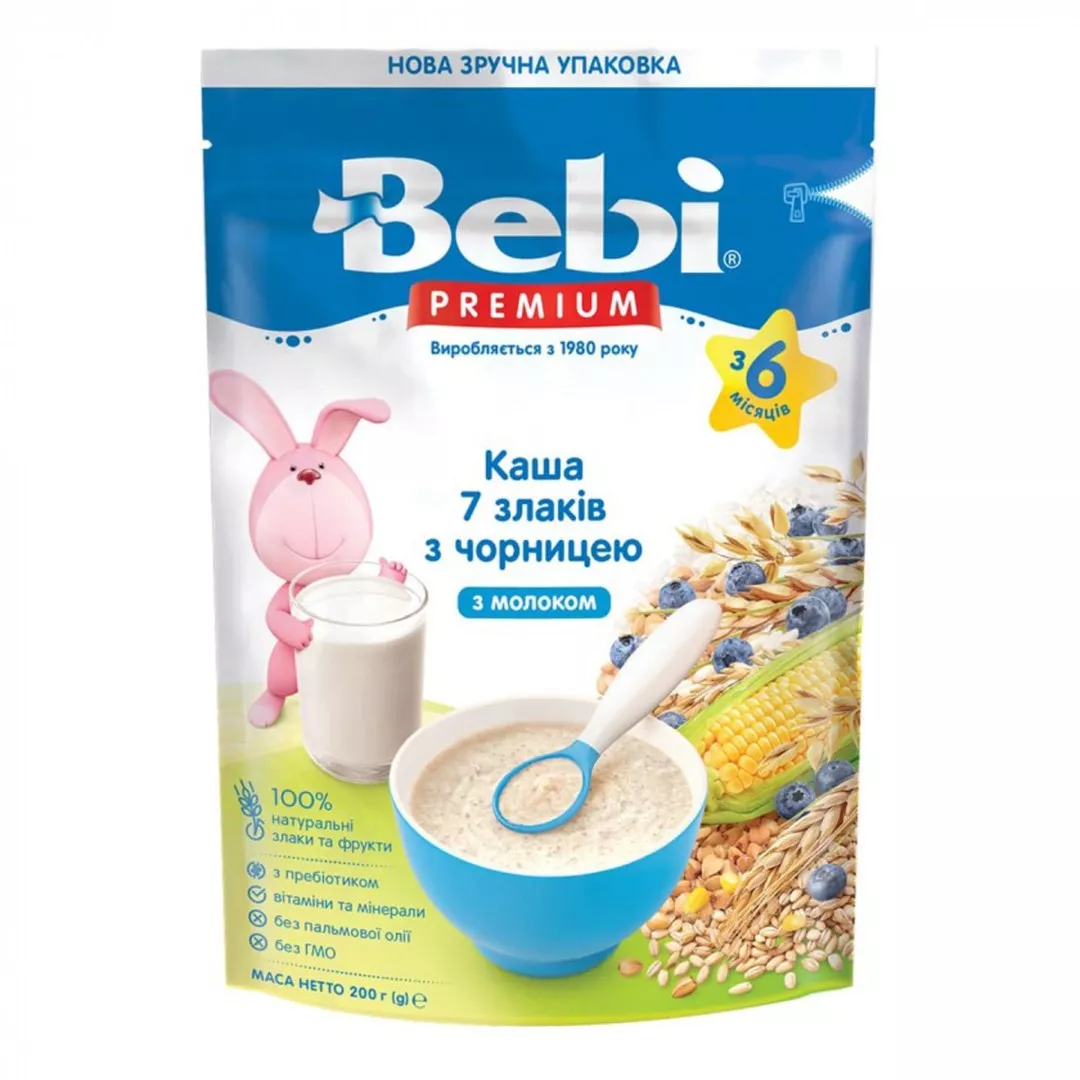 Каша Bebi Премиум молочная 7 злаков с черникой с 6 мес 200г