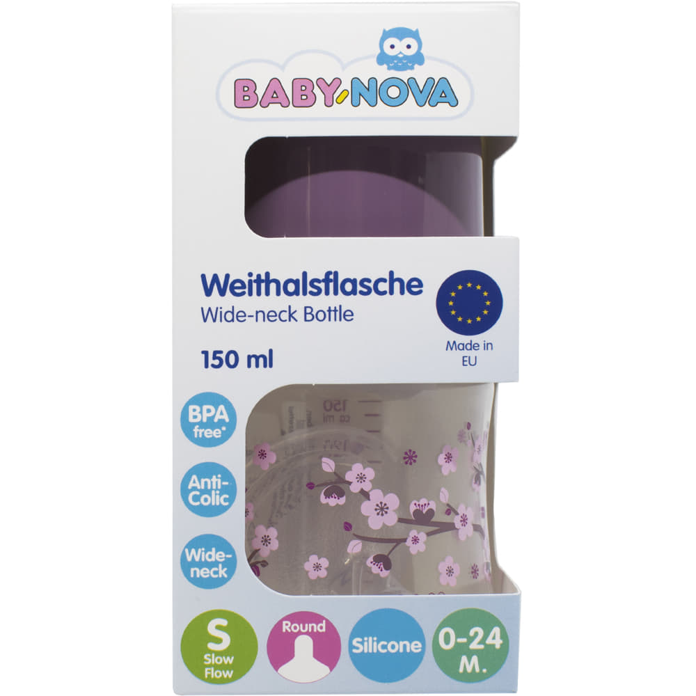 *Пляшка Baby-nova пласт ПП шир горл Декор бузкова 150мл