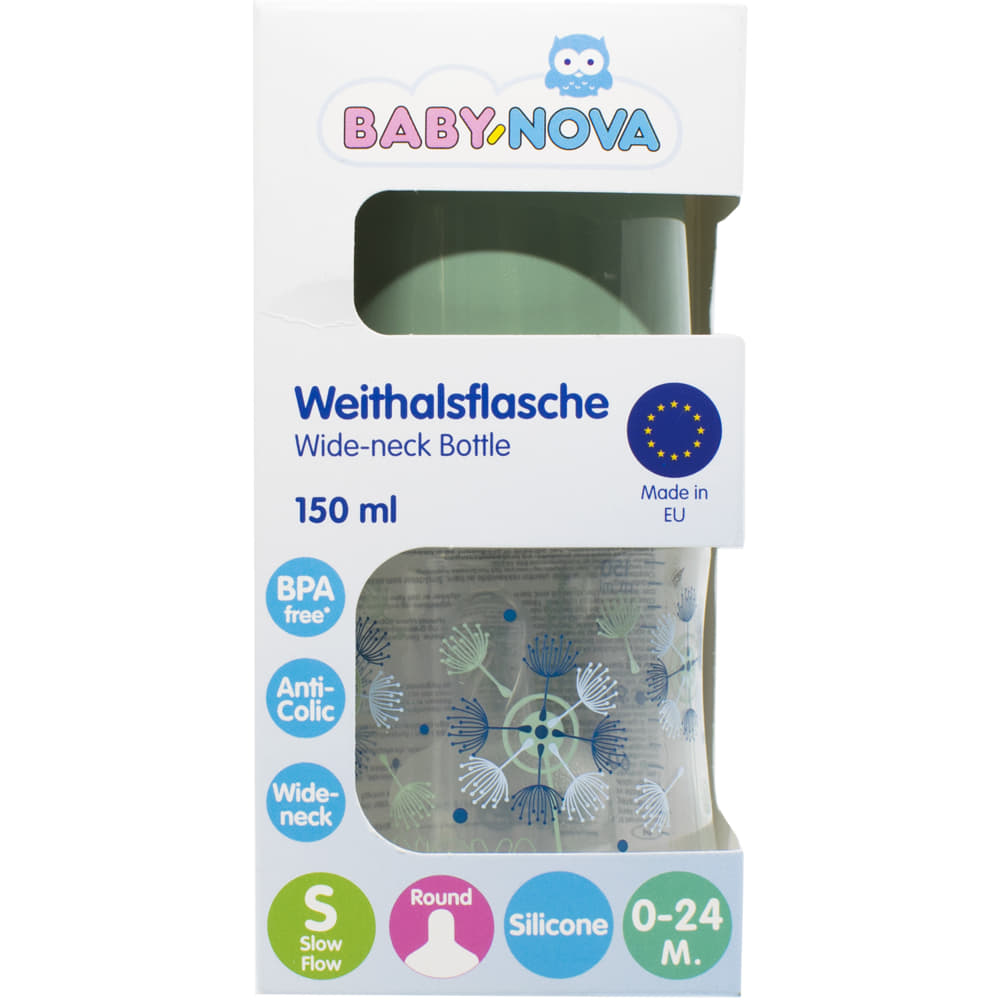 *Пляшка Baby-nova пласт ПП шир горл Декор зелена 150мл