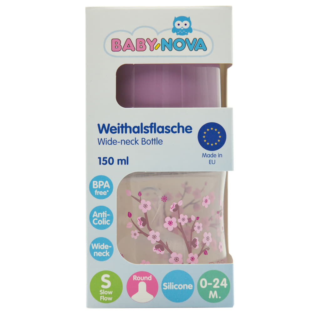 *Пляшка Baby-nova пласт ПП шир горл Декор бузкова 150мл з/руч