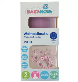 *Пляшка Baby-nova пласт ПП шир горл Декор бузкова 150мл з/руч