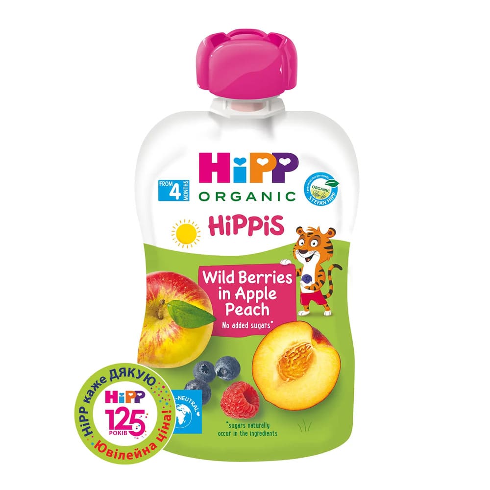 Пюре HiPP 8525 фруктове Яблуко-персик-чорниця-малина 100г