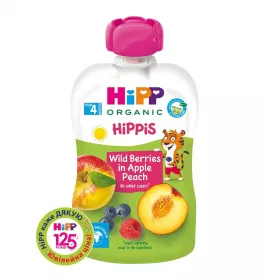 Пюре HiPP 8525 фруктове Яблуко-персик-чорниця-малина 100г