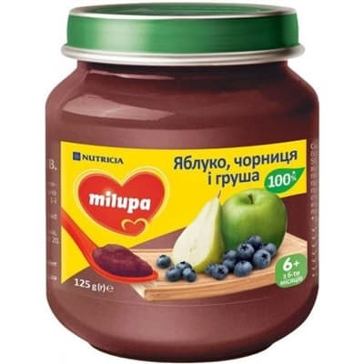 Пюре Milupa фруктове Яблуко,Чорниця і Груша для дітей від 6 місяців