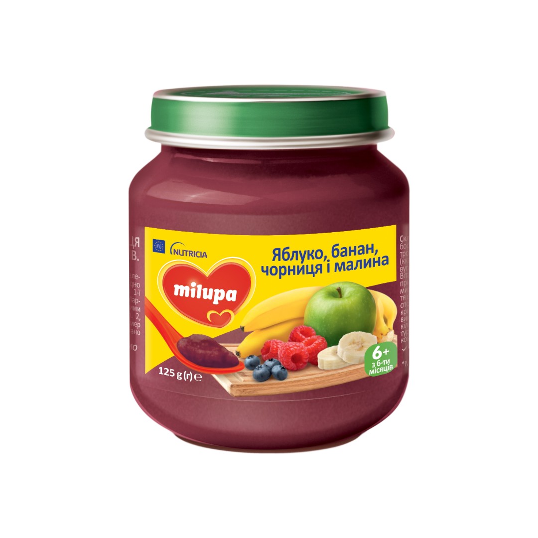 Пюре Milupa фруктове Яблуко, банан, чорниця і малина від 6 міс. 125г