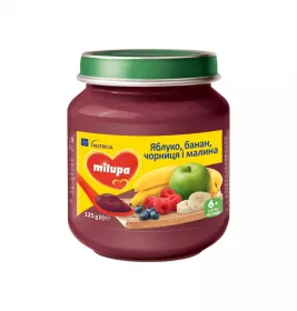 Пюре Milupa фруктове Яблуко, банан, чорниця і малина від 6 міс. 125г