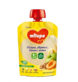 *Пюре Milupa фруктовое Яблоко, абрикос, банан и злаки 80г (пауч)