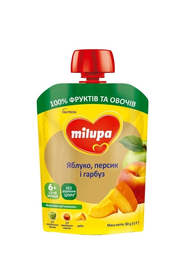 *Пюре Milupa фруктове Яблуко, персик, гарбуз з 6 міс 80г (пауч)