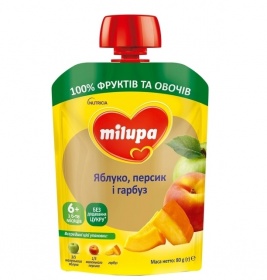 *Пюре Milupa фруктове Яблуко, персик, гарбуз з 6 міс 80г (пауч)