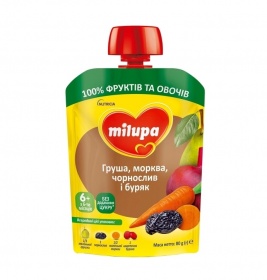 *Пюре Milupa фруктовое Груша,морковь,чернослив, буряк  с 6 мес 80г (пауч)