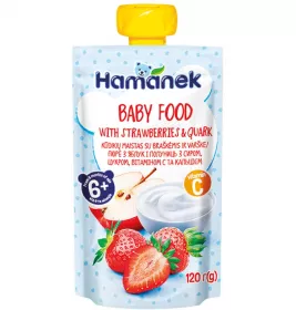 Пюре Hamanek яблоко, клубника с творогом 120 г (пауч)