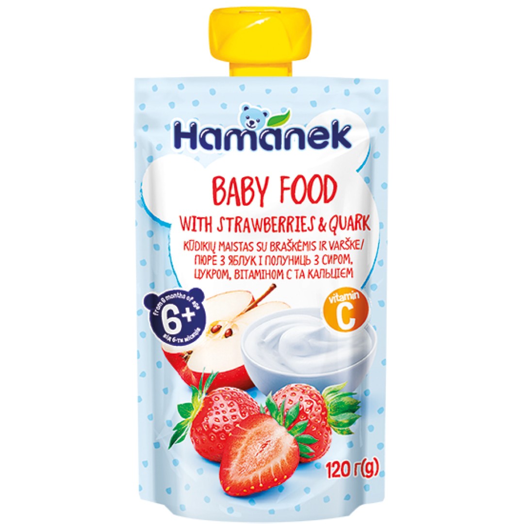 Пюре Hamanek яблоко, клубника с творогом 120 г (пауч) Пюре Hamanek яблоко, клубника с творогом 120 г (пауч)