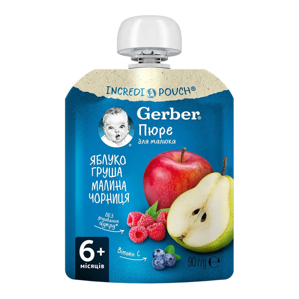 Пюре Gerber Яблуко-груша-малина-чорниця 90 г (пауч)
