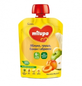 Пюре Milupa фруктовое Яблоко, груша, банан и абрикос от 6 мес. 80г (пауч)