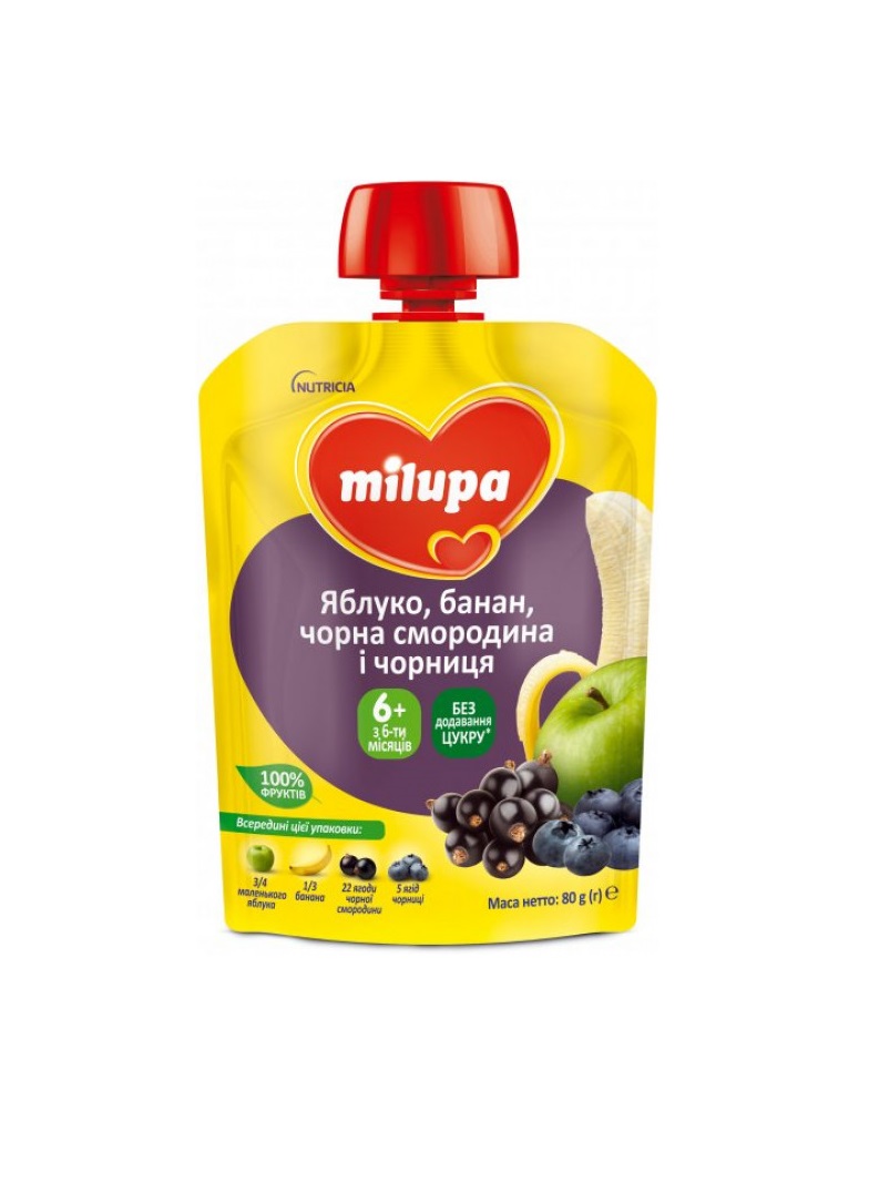Пюре Milupa фруктовое Яблоко, банан, черная смородина и черника от 6 мес. 80г (пауч) Пюре Milupa фруктовое Яблоко, банан, черная смородина и черника от 6 мес. 80г (пауч)