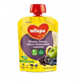 Пюре Milupa фруктовое Яблоко, банан, черная смородина и черника от 6 мес. 80г (пауч)