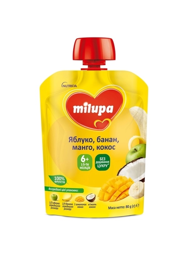 Пюре Milupa фруктове Яблуко,Банан,Манго,Кокос от 6 мес 80г (пауч)