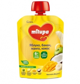 Пюре Milupa фруктове Яблуко,Банан,Манго,Кокос от 6 мес 80г (пауч)