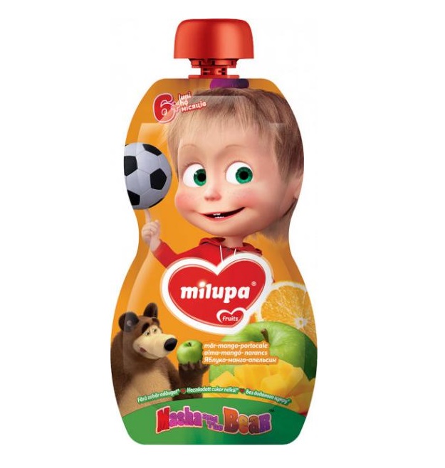 *Пюре Milupa МВ фруктове Яблуко,Манго,Апельсин,Морква з 6 міс 100г (пауч)