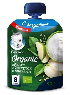 *Пюре Gerber Organic Яблуко, йогурт и злаки 90 г (пауч)